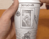 Three paper cups made by a fist Superman dynamic comic,三个纸杯做出的一拳超人动态漫画